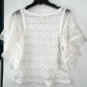 New Romantics Womens Sm White Crochet‎ Lace Sheer Flutter Sleeve Top —Vtg Style